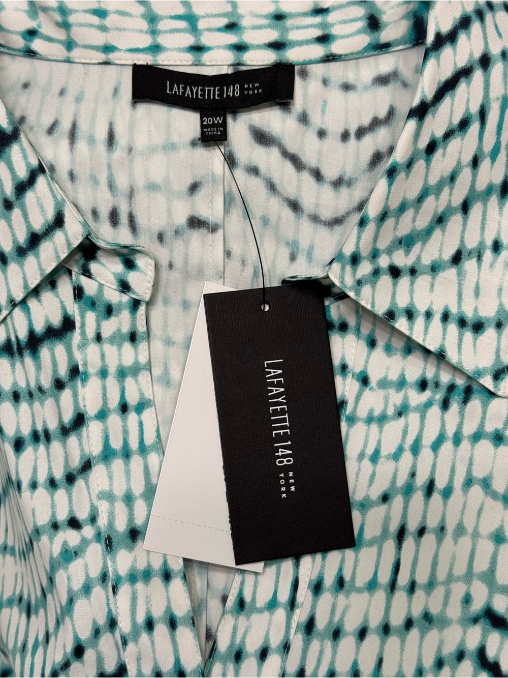 Lafayette 148 New York Green, Black and White Wave-Print Button-Down Shirt - Picture 2 of 10